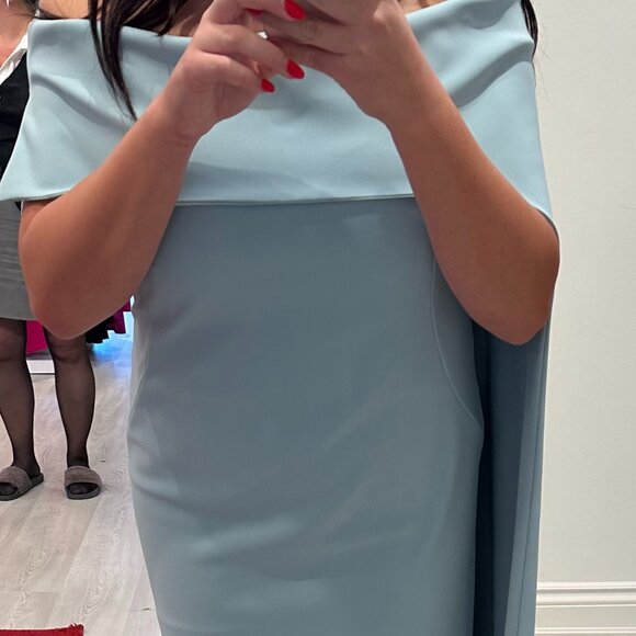 Frascara Pearl Blue Size 14 Off the Shoulder Jersey Gown - Picture 4 of 6